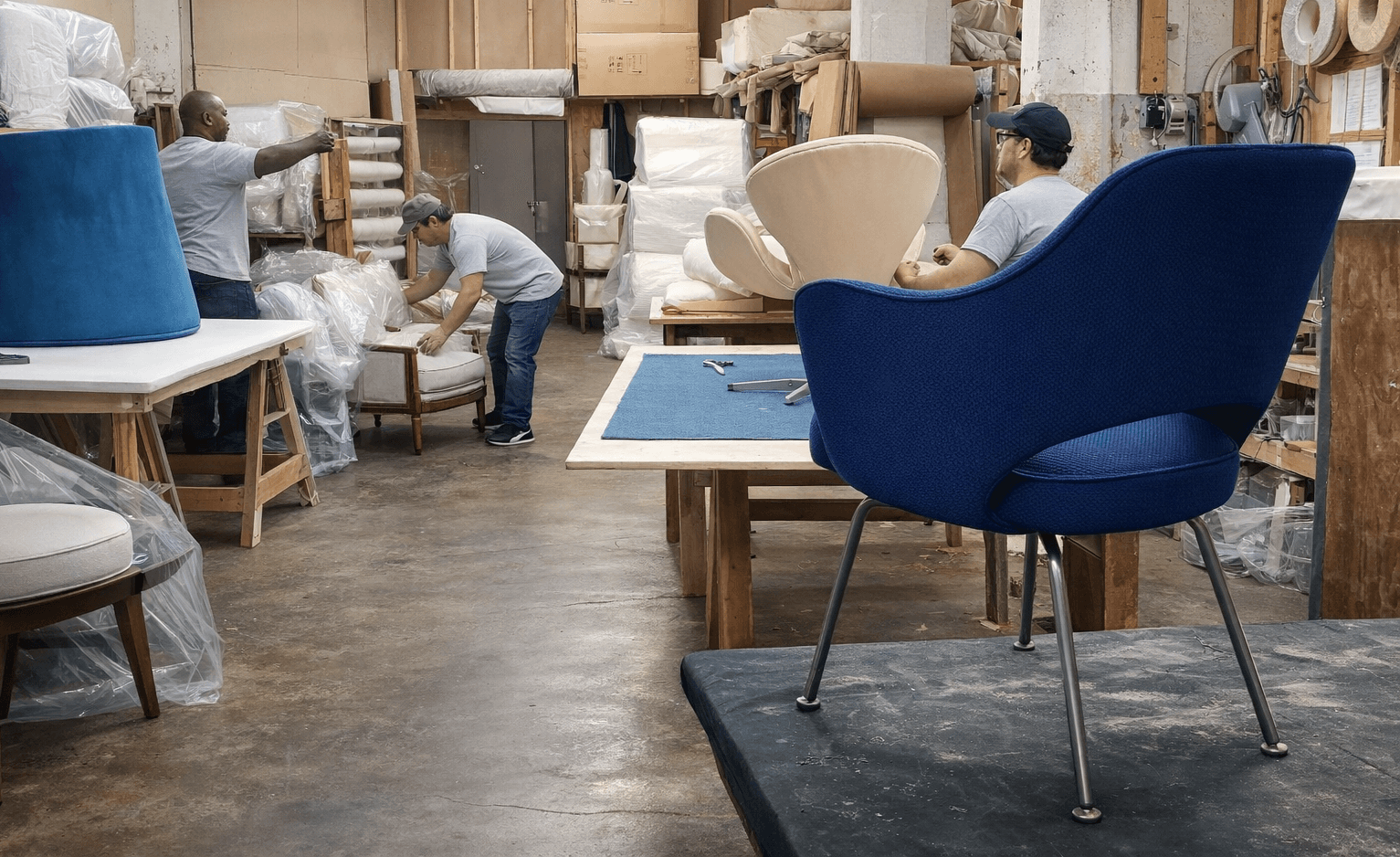 Upholstery work in the Mod Restoration workshop